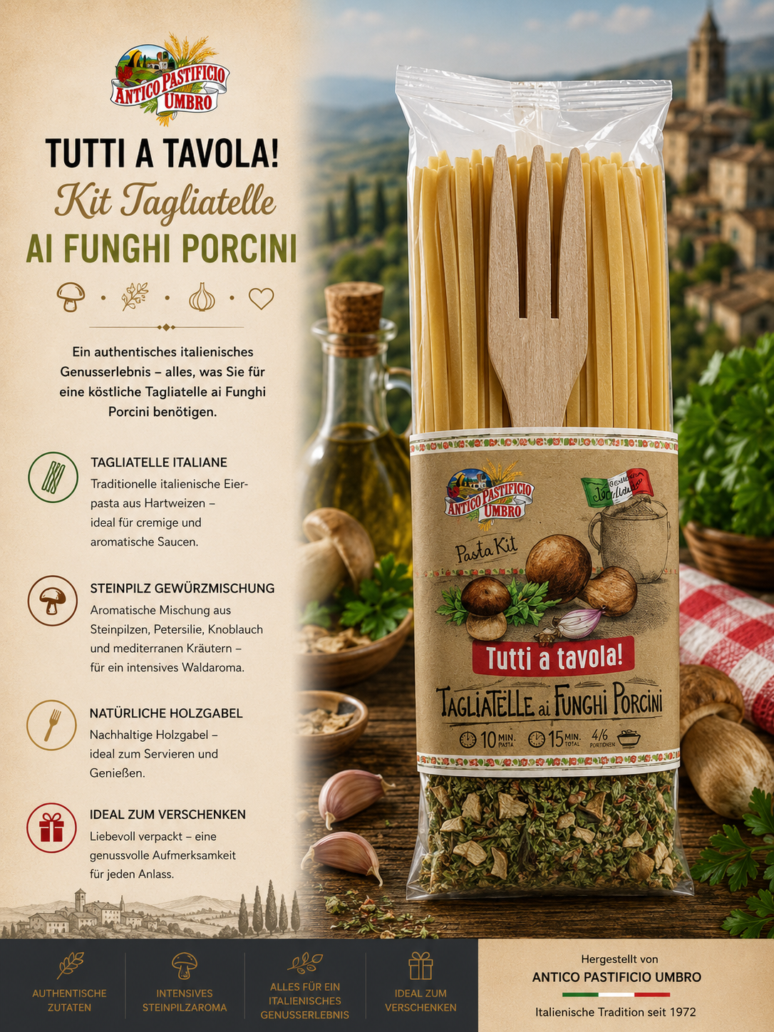 Pasta Kit, Tagliatelle, Funghi Porcini, Holzforke, Italienische Gewürze