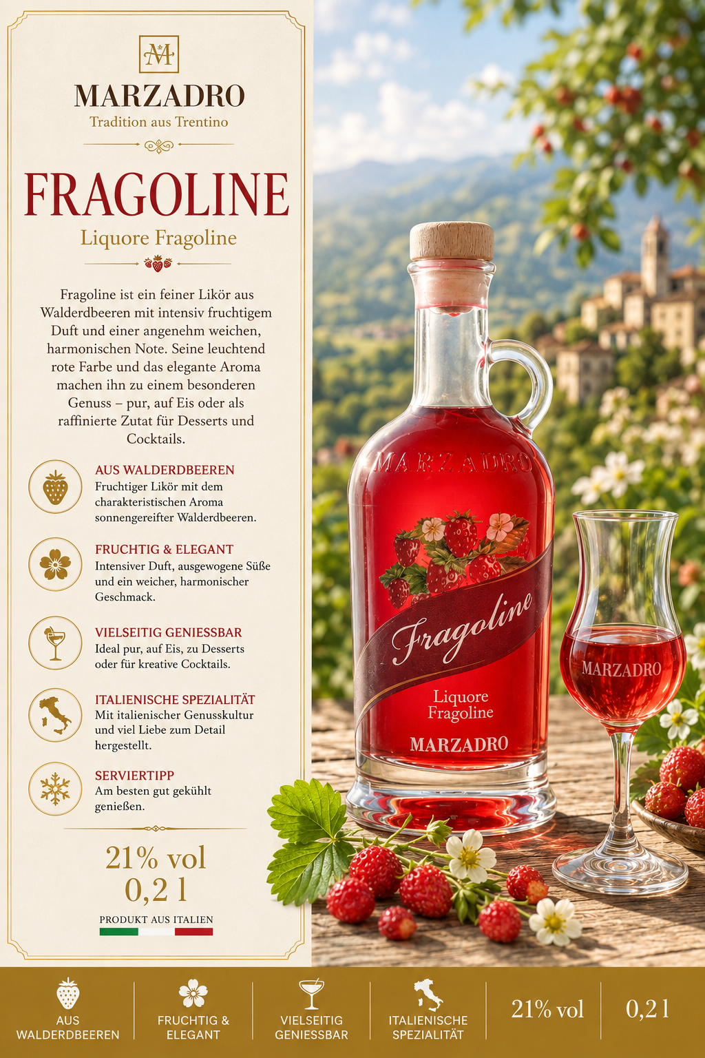 Likör, Fragoline, Erdbeere, Flasche, Glas