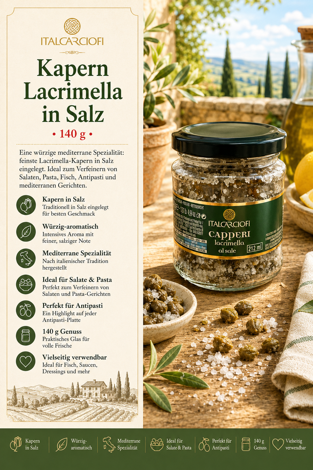 Kapern in Salz, Lacrimella, Mediterrane Spezialität, Salzglas, Capperi in sale