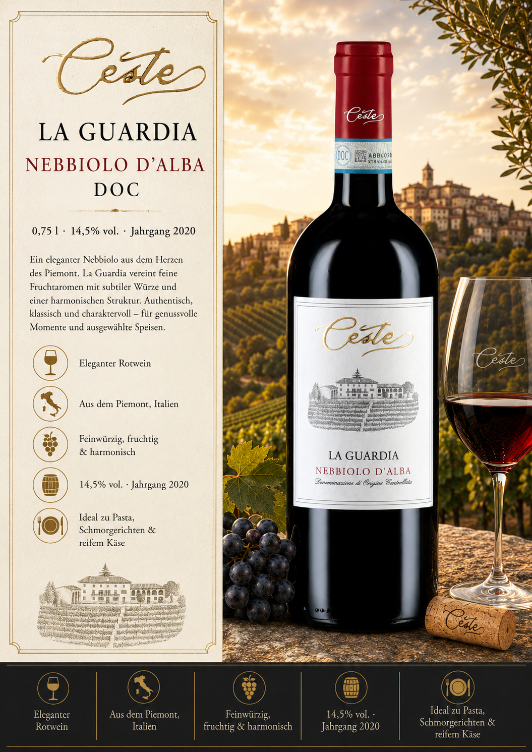 Wein, Rotwein, Nebbiolo d'Alba, Italien, Bac label