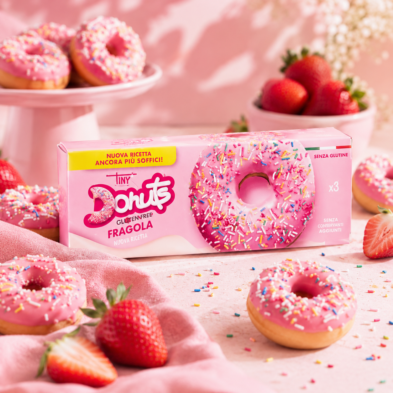 donut, pink, sprinkles, box, erdbeeren