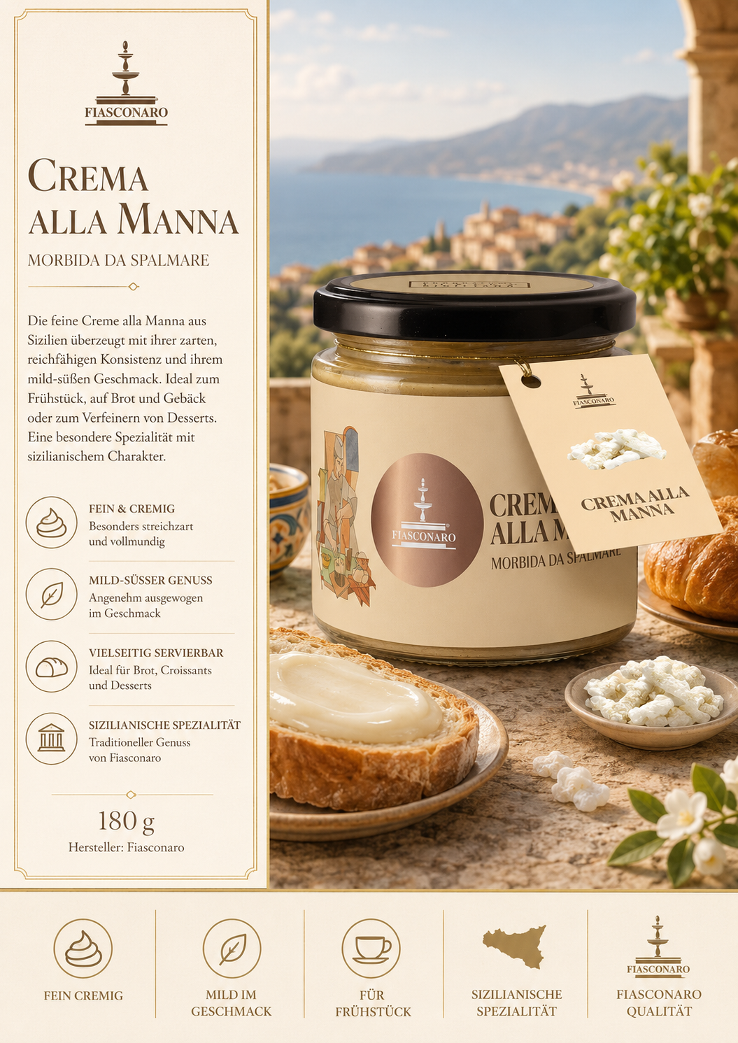 Crema, Marmeladenaufstrich, Crema alla Manna, 180 g, Sizilianische Spezialität