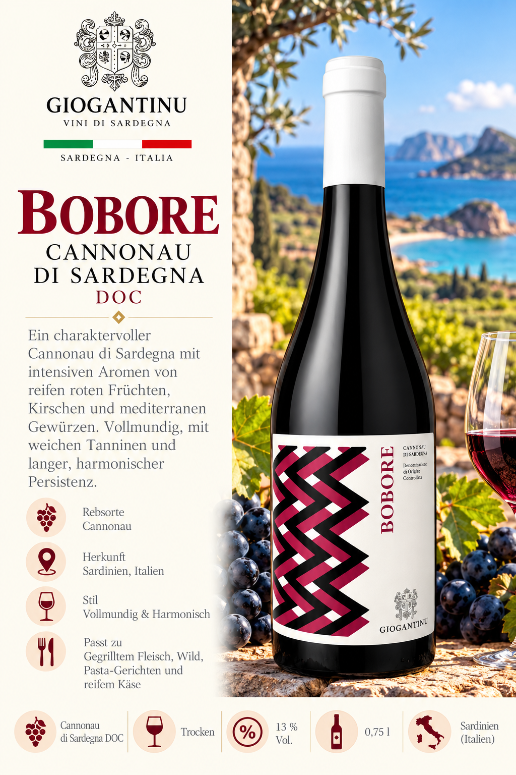 Cannonau di Sardegna, Bobore, Weinflasche, Rotwein, Etikett