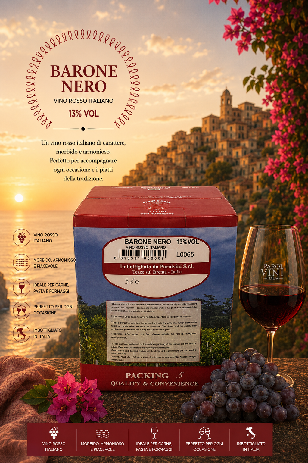 Weinbox, Rotwein, Barone Nero, Italienische Weinverpackung, 5 Liter Verpackung