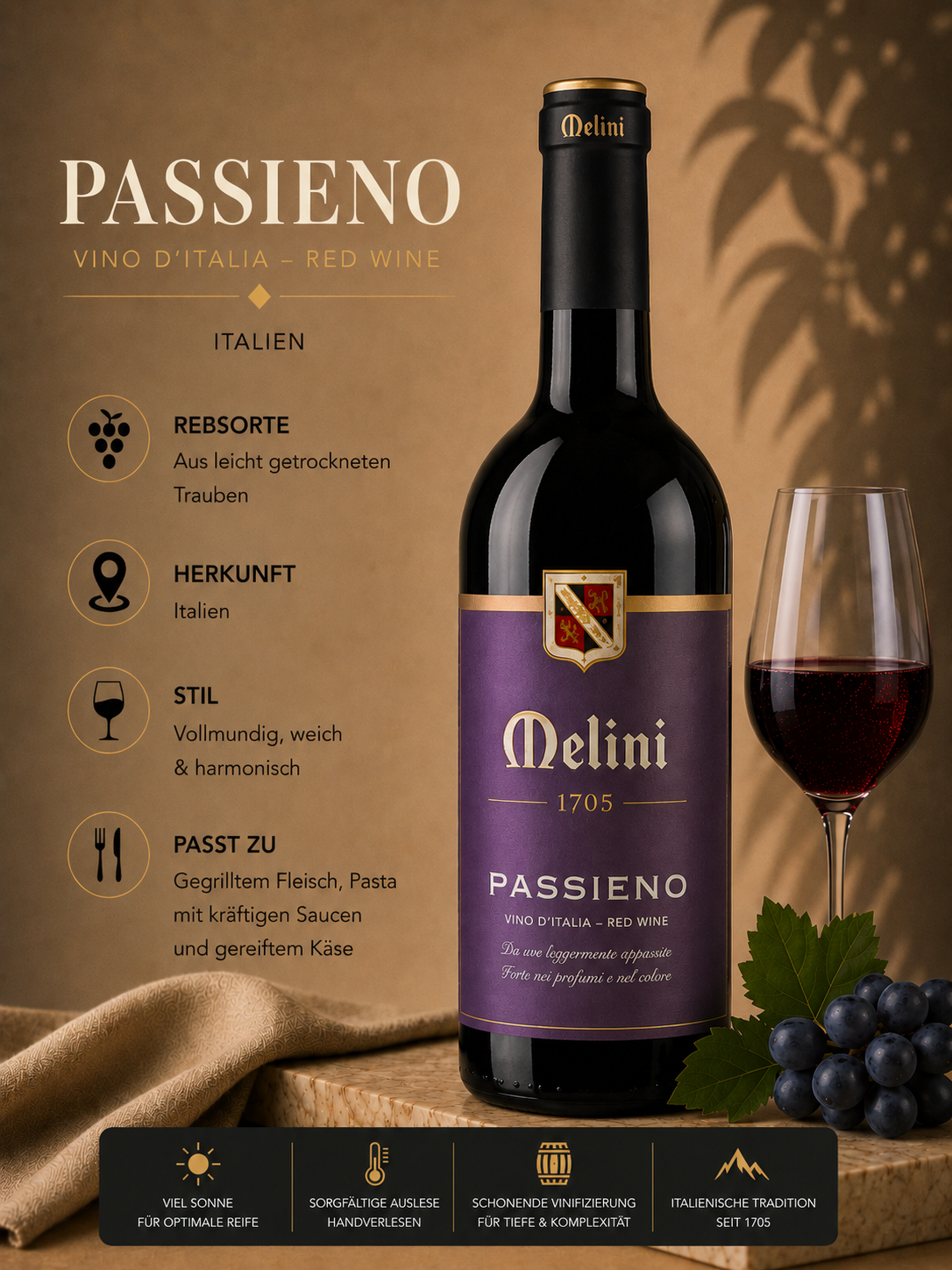 Weinflasche, Rotwein, Italien, Etikett, Trauben