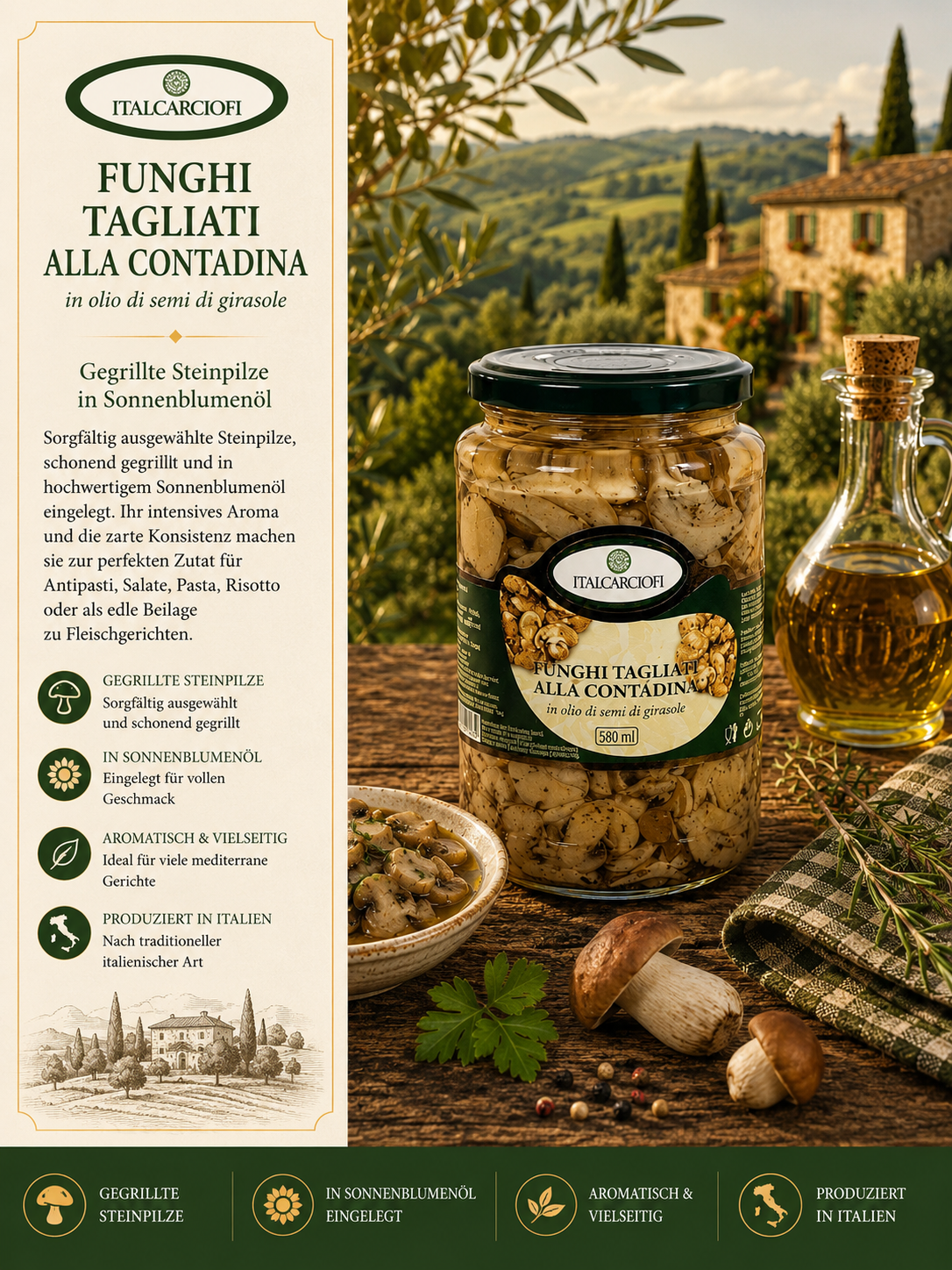 Pilz, Tagliatelle, Glasbehälter, Olivenöl, Italienische Küche