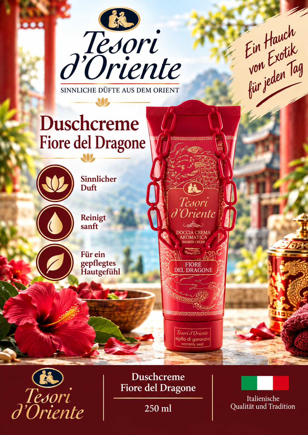 Duschcreme, Fiore del Dragone, Hautpflege, Rosatöne, Flasche red