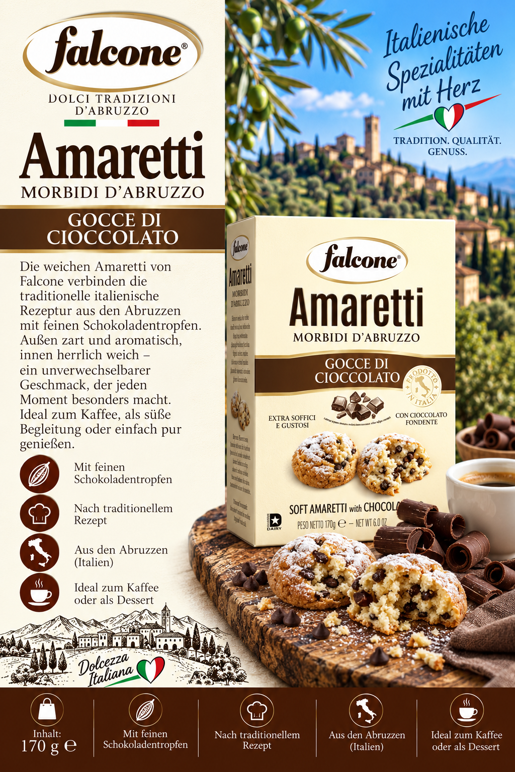 Amaretti, Gocce di cioccolato, Schokoladentröpfchen, Italienische Spezialitäten, Dolci tradizioni