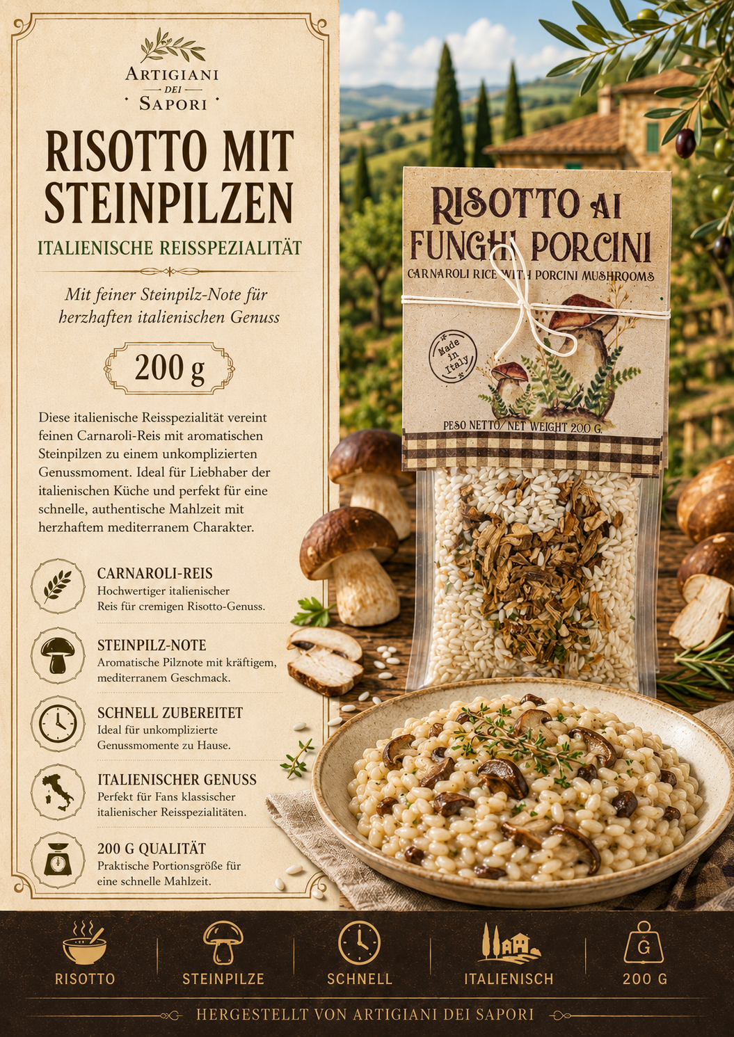 risotto, getreide, pilz, italienisch, verpackt