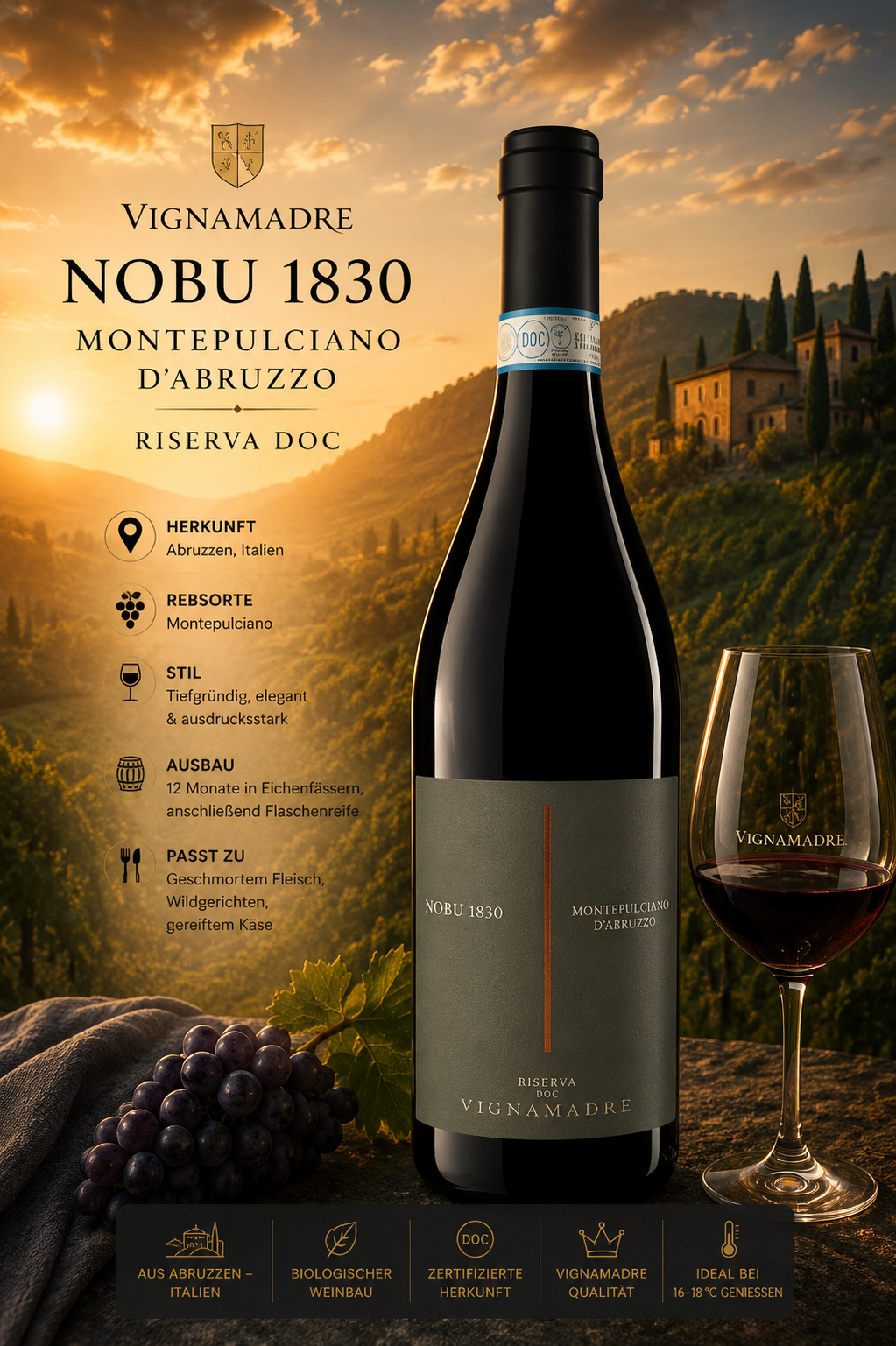 Wein, Rotwein, Nobu 1830, Montepulciano, Flasche
