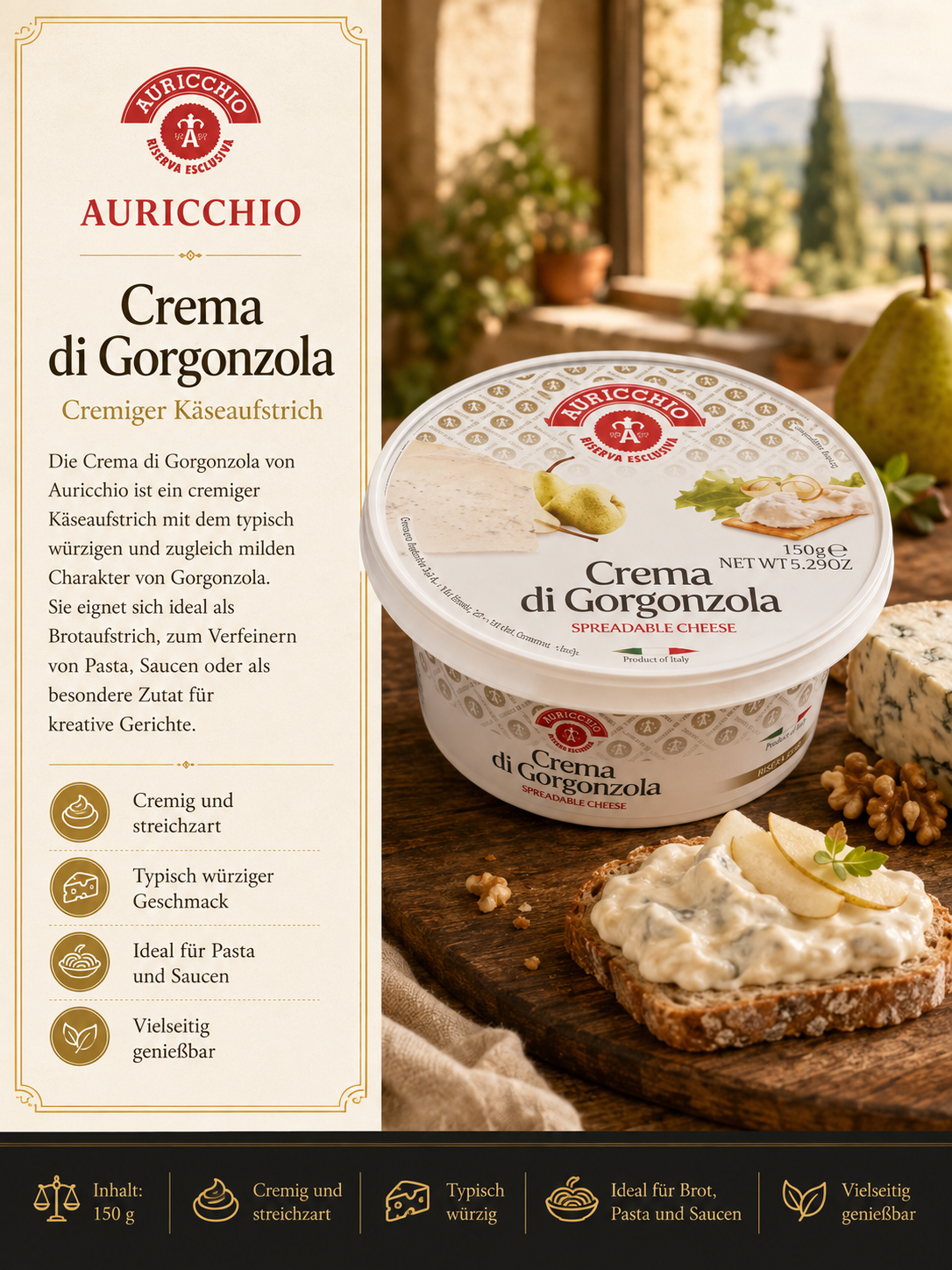 Käse, Crema di Gorgonzola, Streichkäse, Italienischer Käse, 150 g, Käsecreme, Gorgonzola, Crema di Gorgonzola, Käseaufstrich, Weichkäse