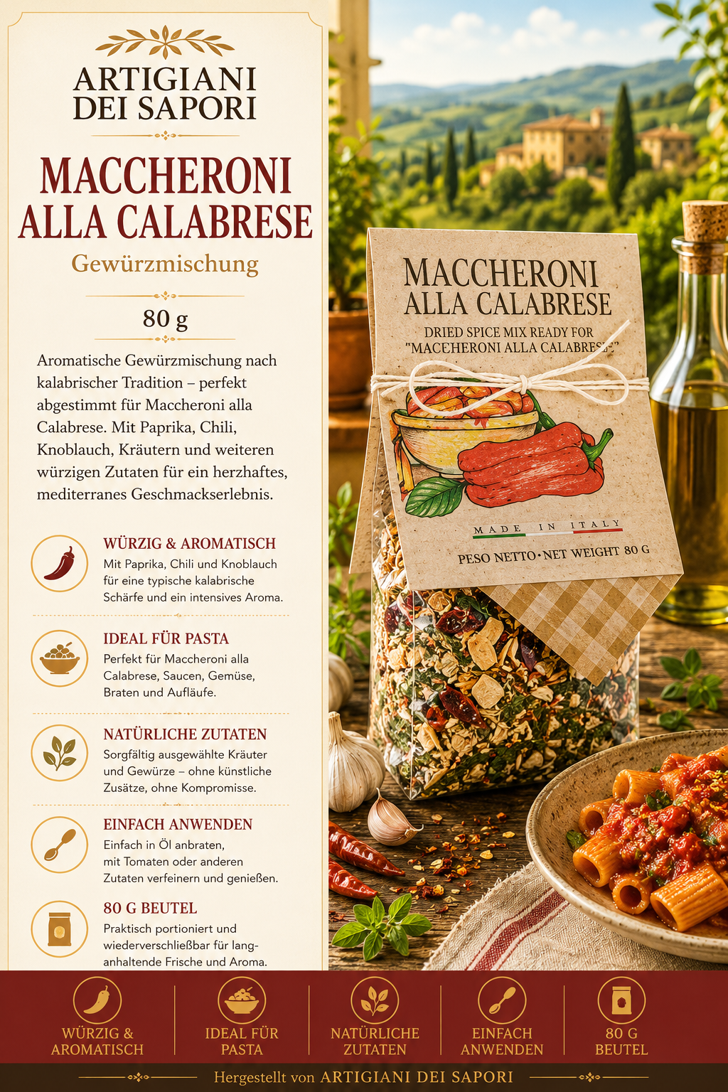 Maccheroni, Alla Calabrese, Gewürzmischung, Pasta-Zutat, 80 g Beutel