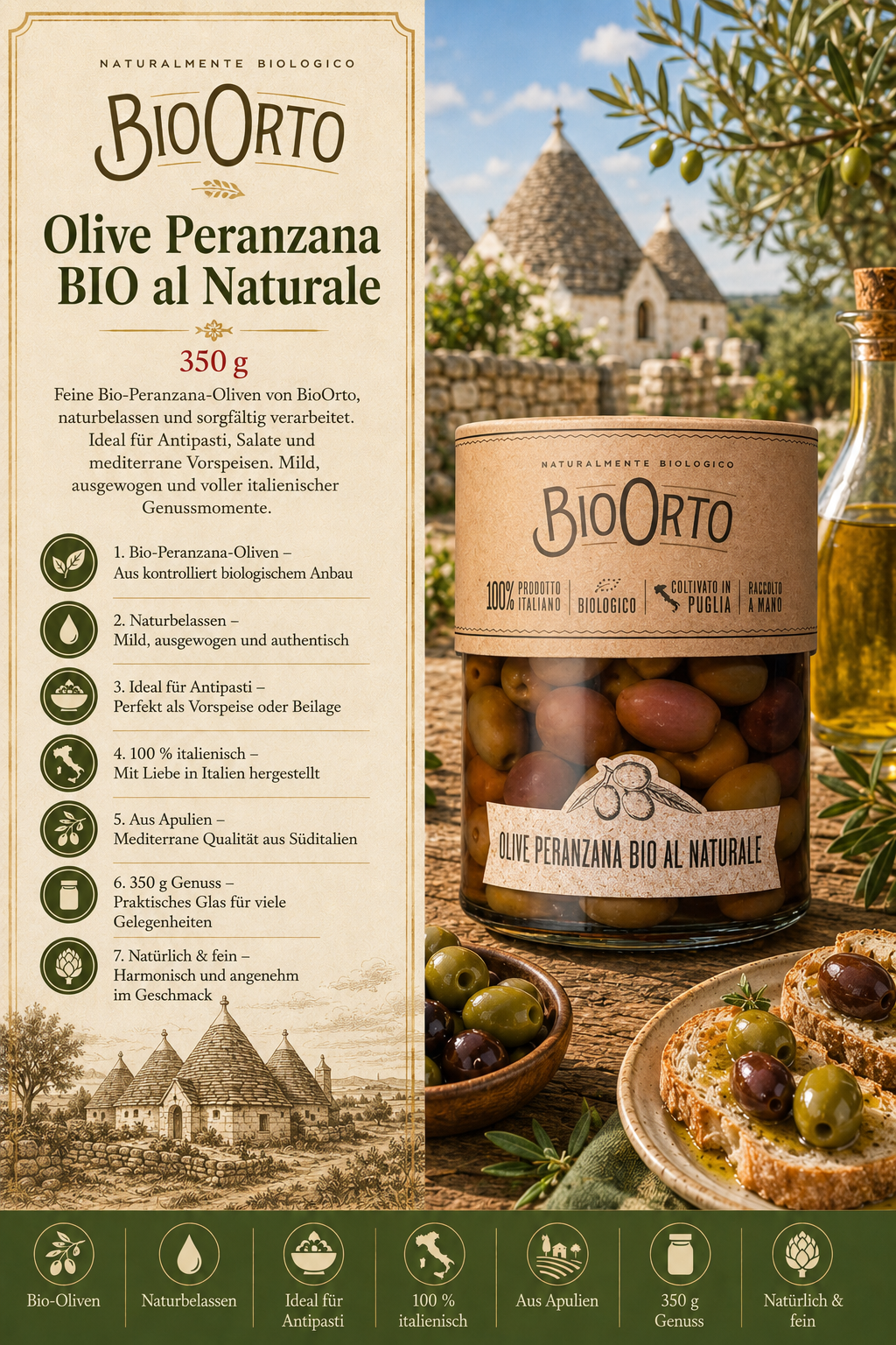 Oliven, Olivenjar, BioOrto, Italienische Oliven, 350 g