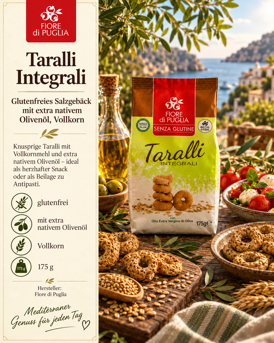 Taralli, Glutenfreies Gebäck, Vollkorn, Olivenöl, 175 g