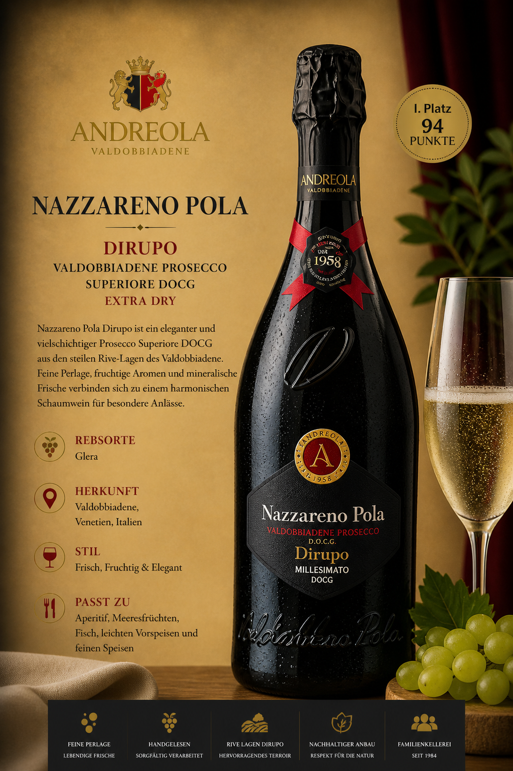 Prosecco, Sekt, Flasche, Nazzareno Pola, Extra Dry
