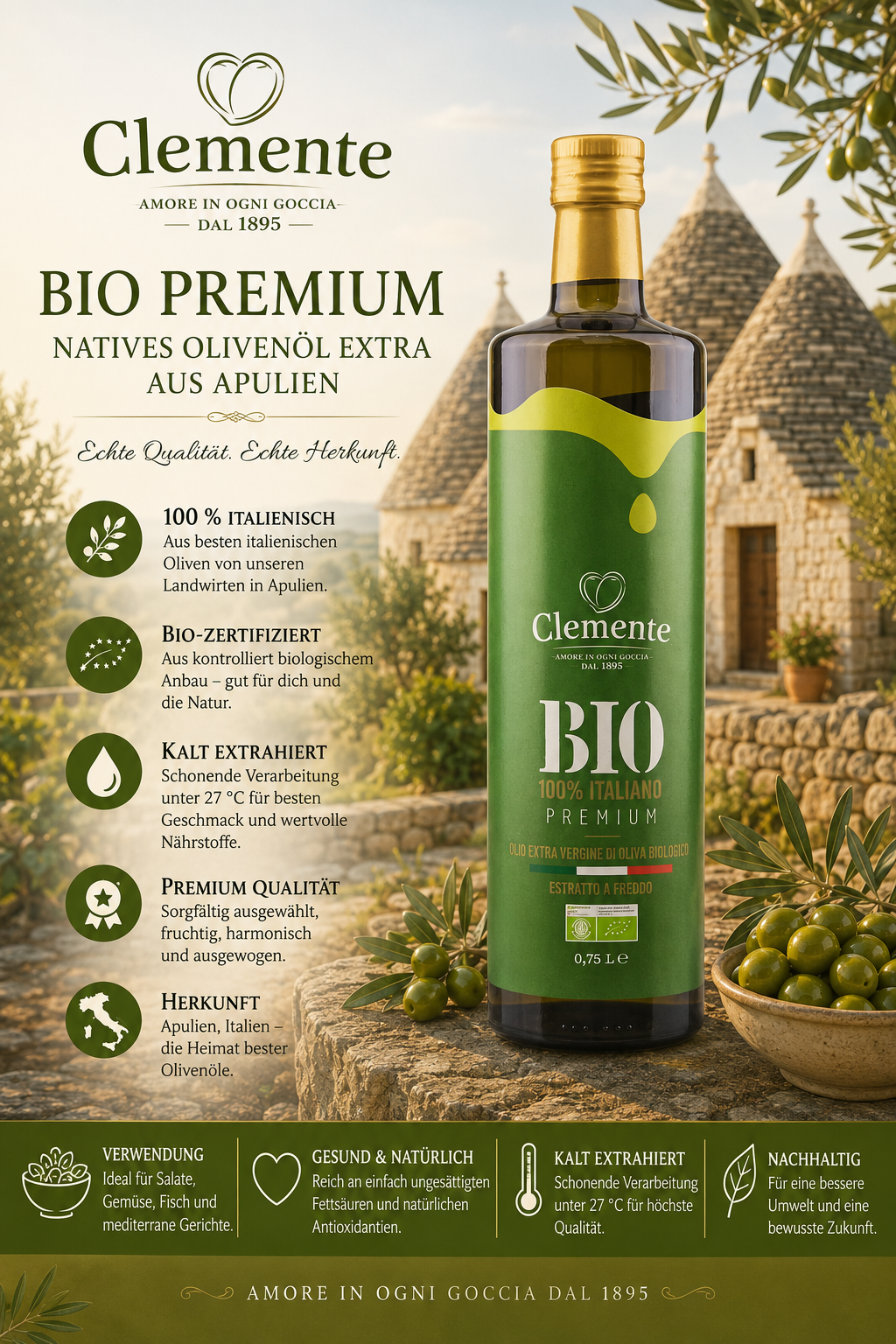 Olivenöl, Bio, Italienisch, Naturbelassen, Flasche
