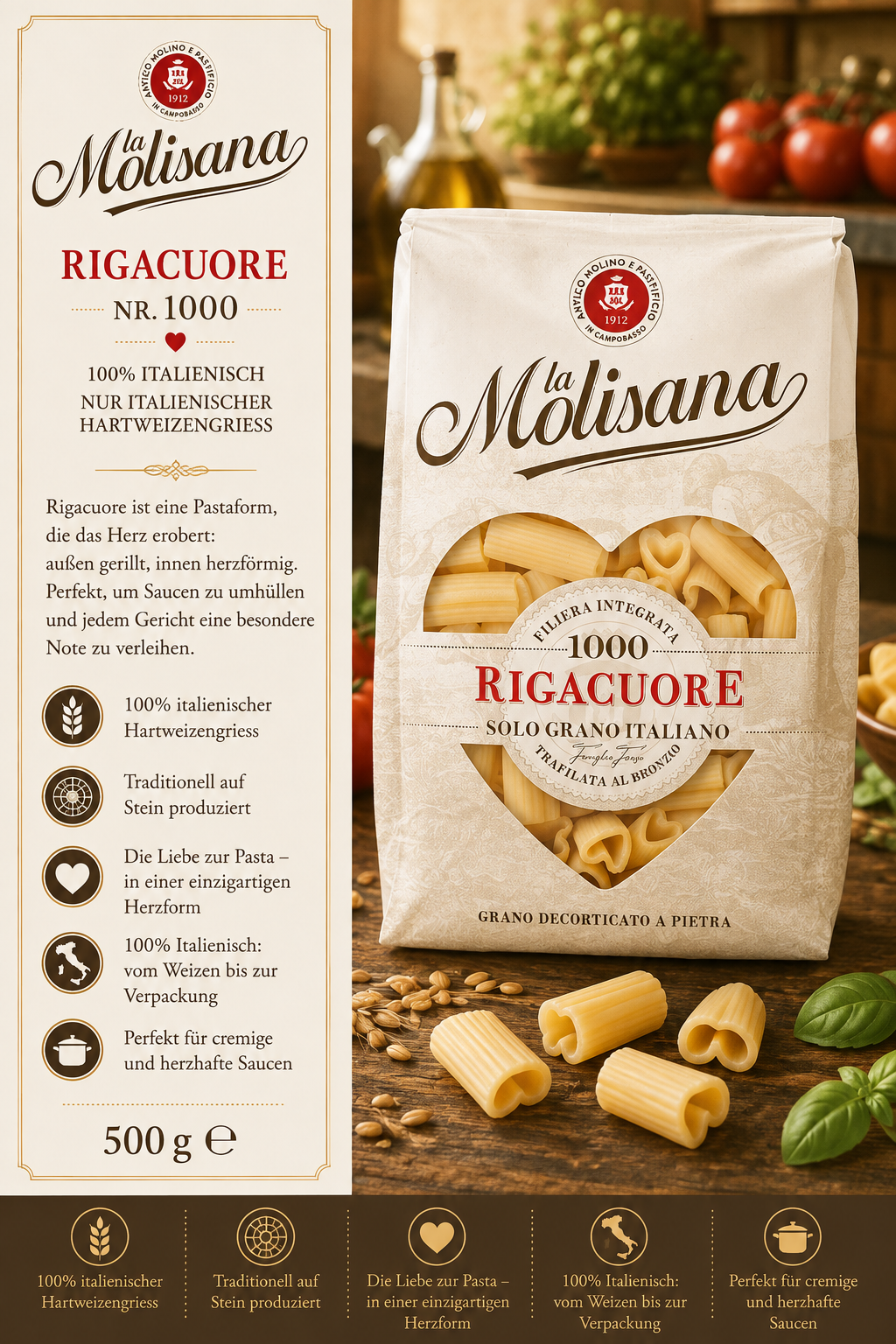 Rigatone, Pasta, Italienisch, Hartweizengrieß, 500 g