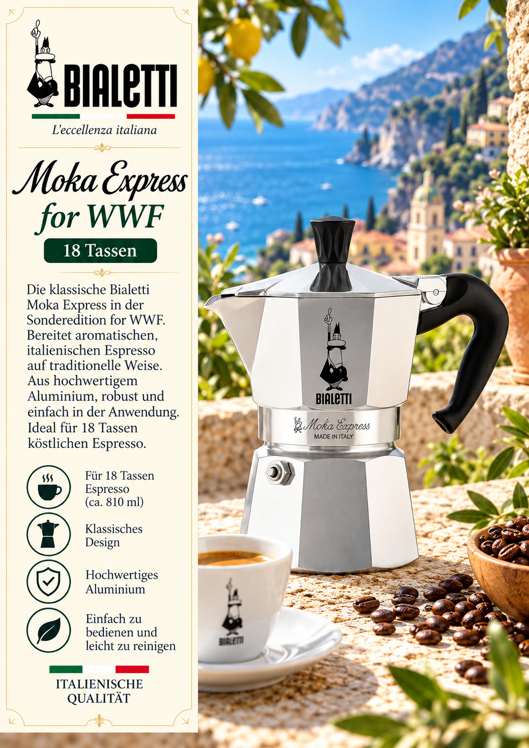 Espressokocher, Aluminium, Mokka Express, 18 Tassen, Italienische Qualität