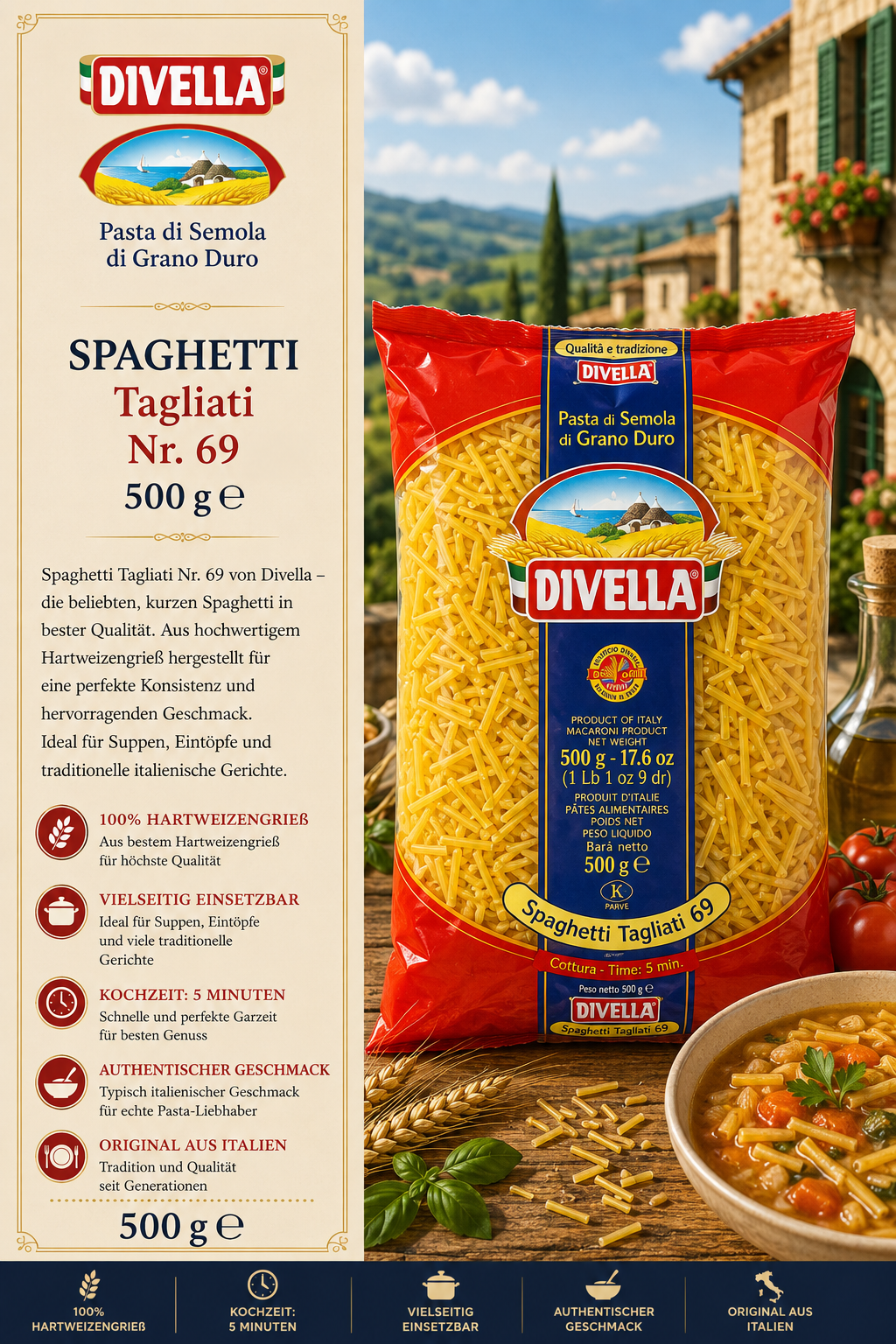 Spaghetti, Tagliati, 500 g, Hartweizengrieß, Divella