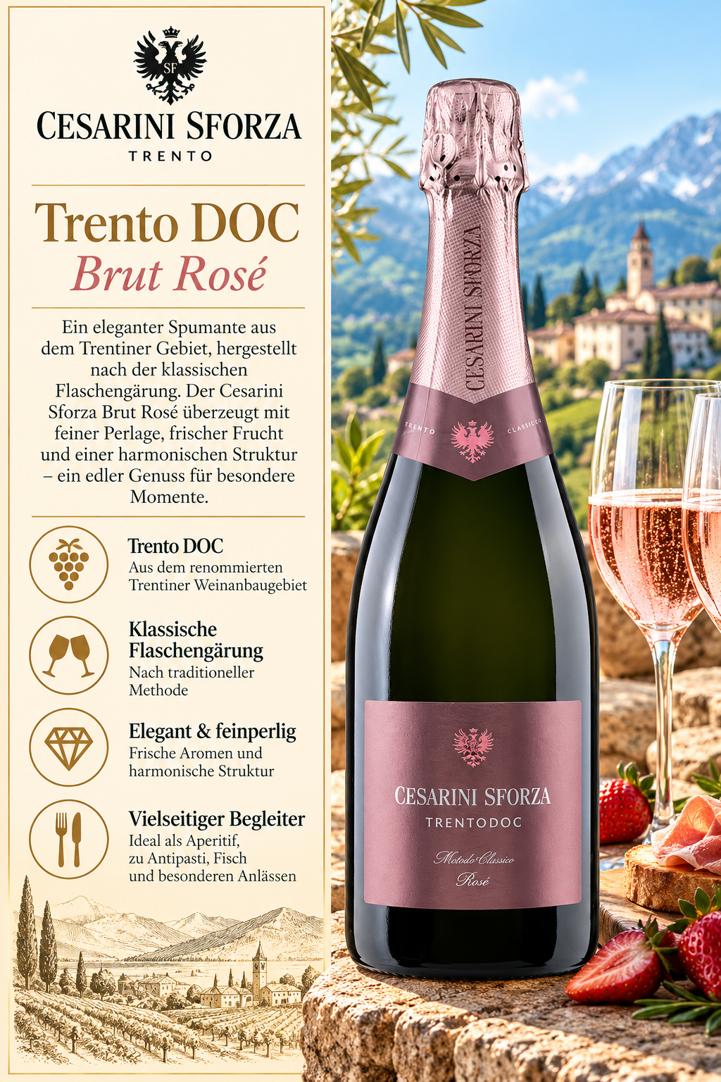 Sekt, Rosé, Trento DOC, Flasche, Glas