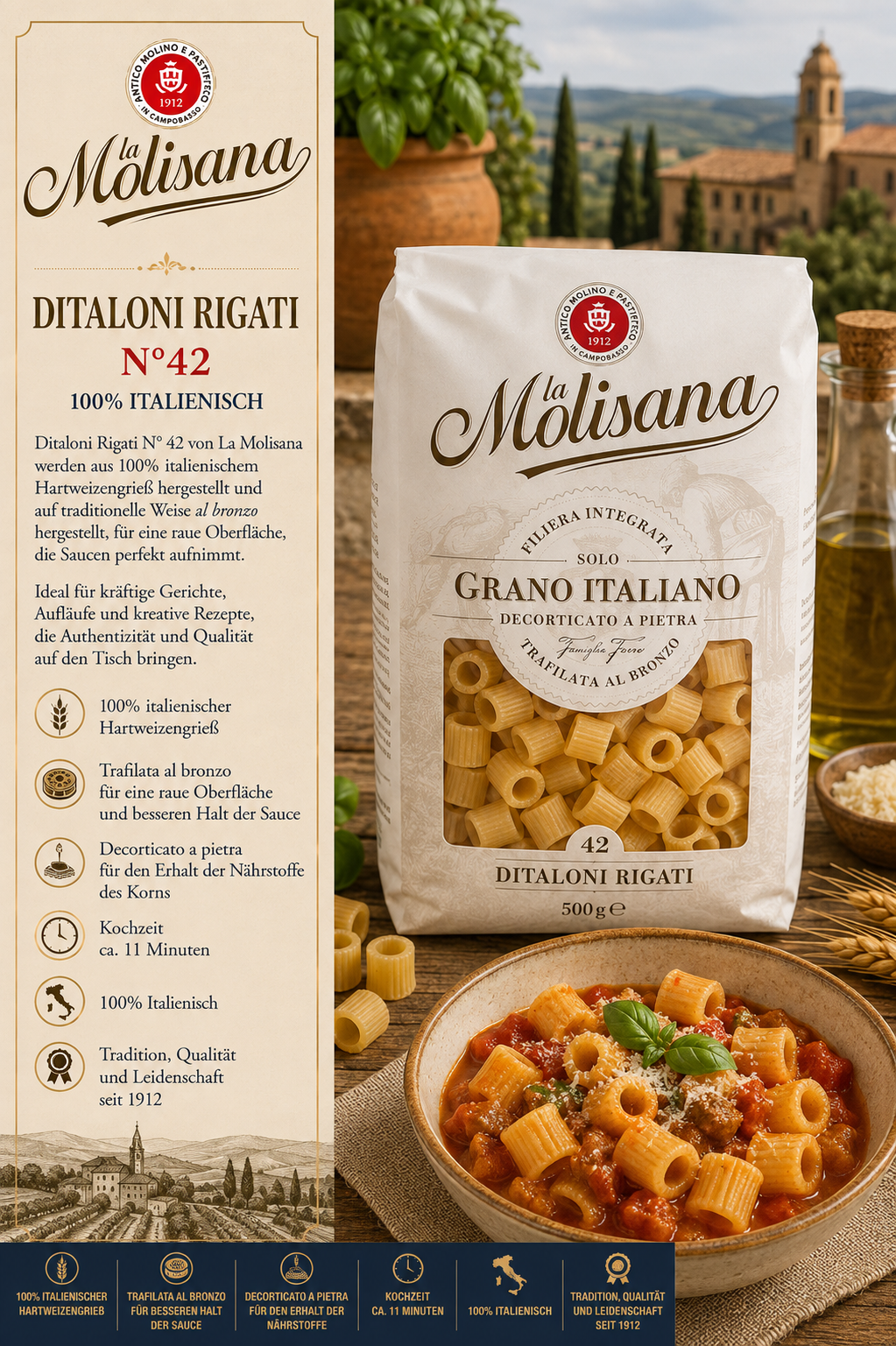 pasta, Rigatoni, italienisch, Grano italiano, verpackte Pasta