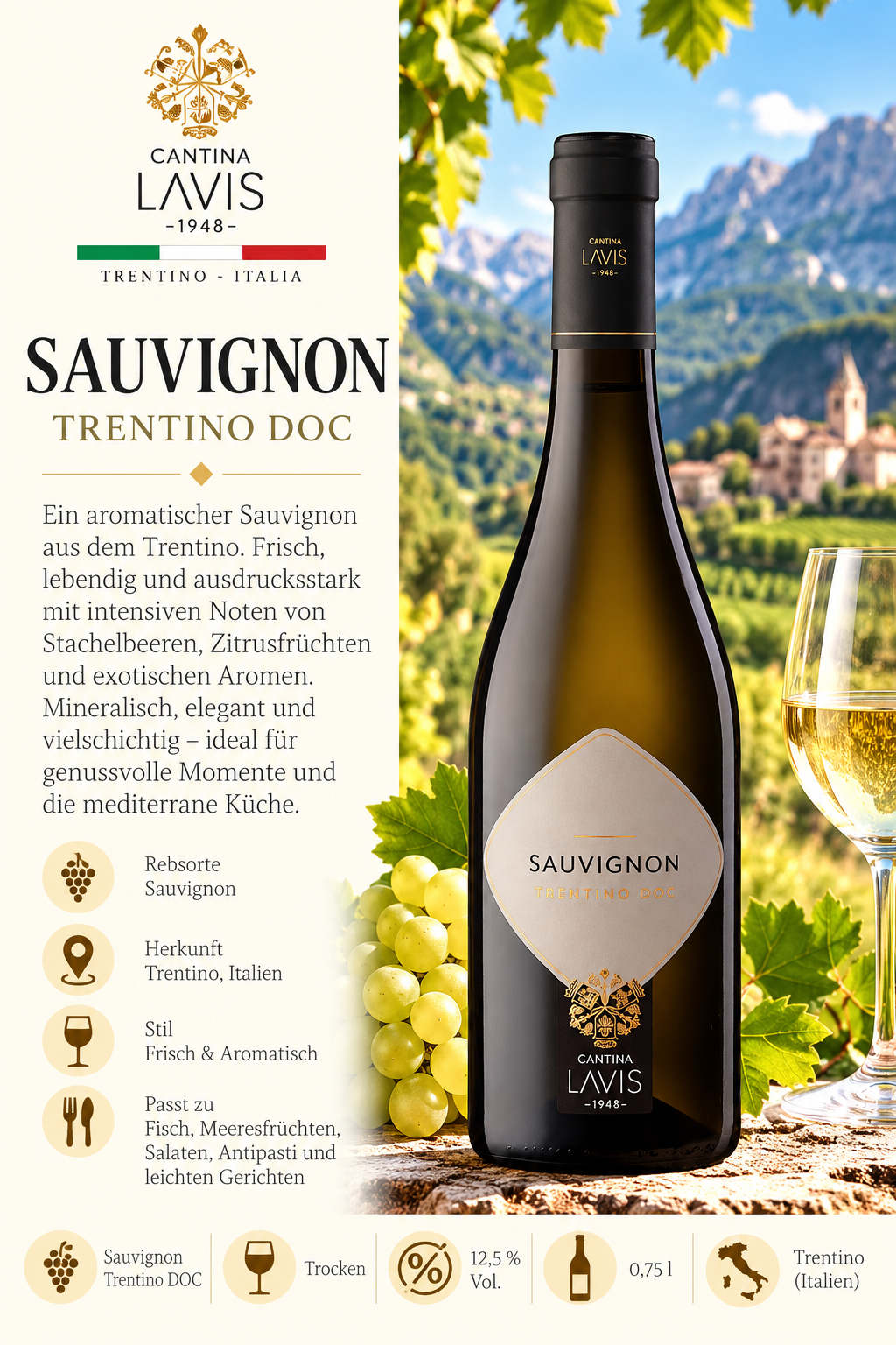 Sauvignon, Wein, Trocken, Trentino, Italien