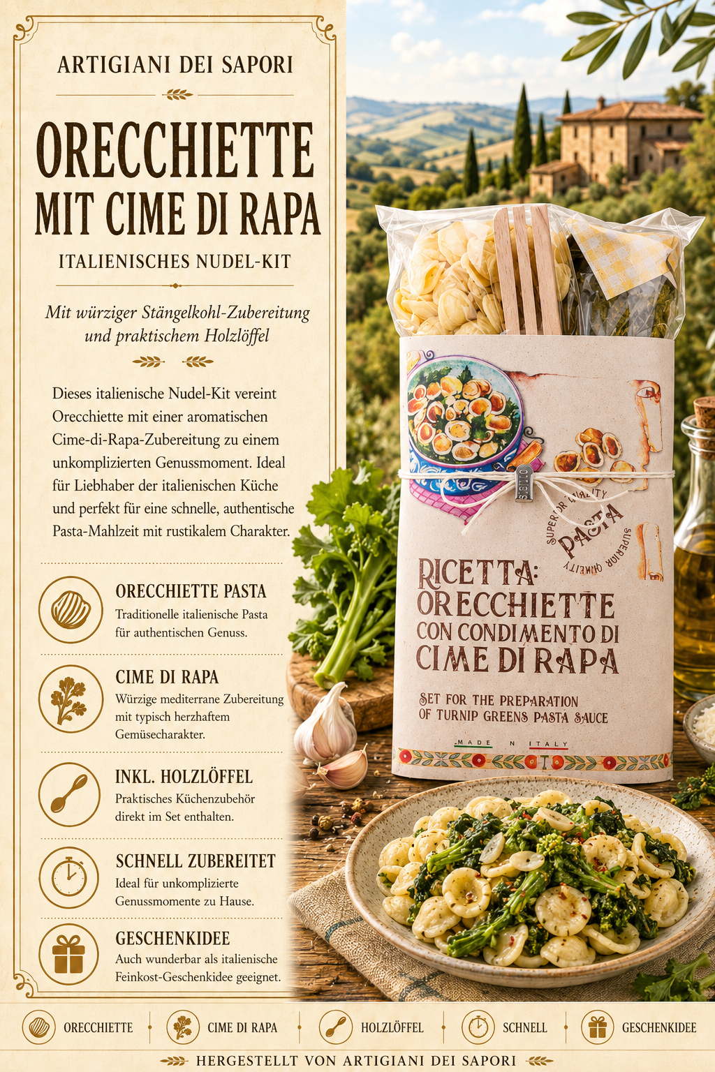 Nudel-Kit, Orecchiette, Italienische Nudeln, Ricetta Orecchiette, Holzlöffel-Set
