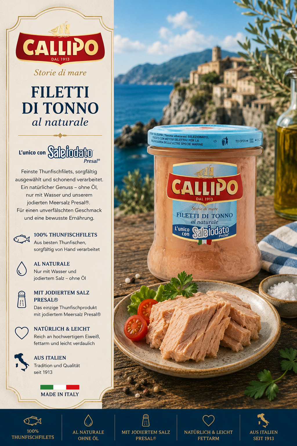 Fischkonserven, Thunfischfilets, Pastete, Glasgefäß, Italienische Marke