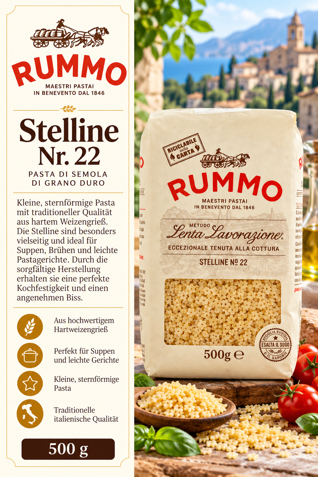 Pasta, Stelline, Hartweizengrieß, 500 g, Paket