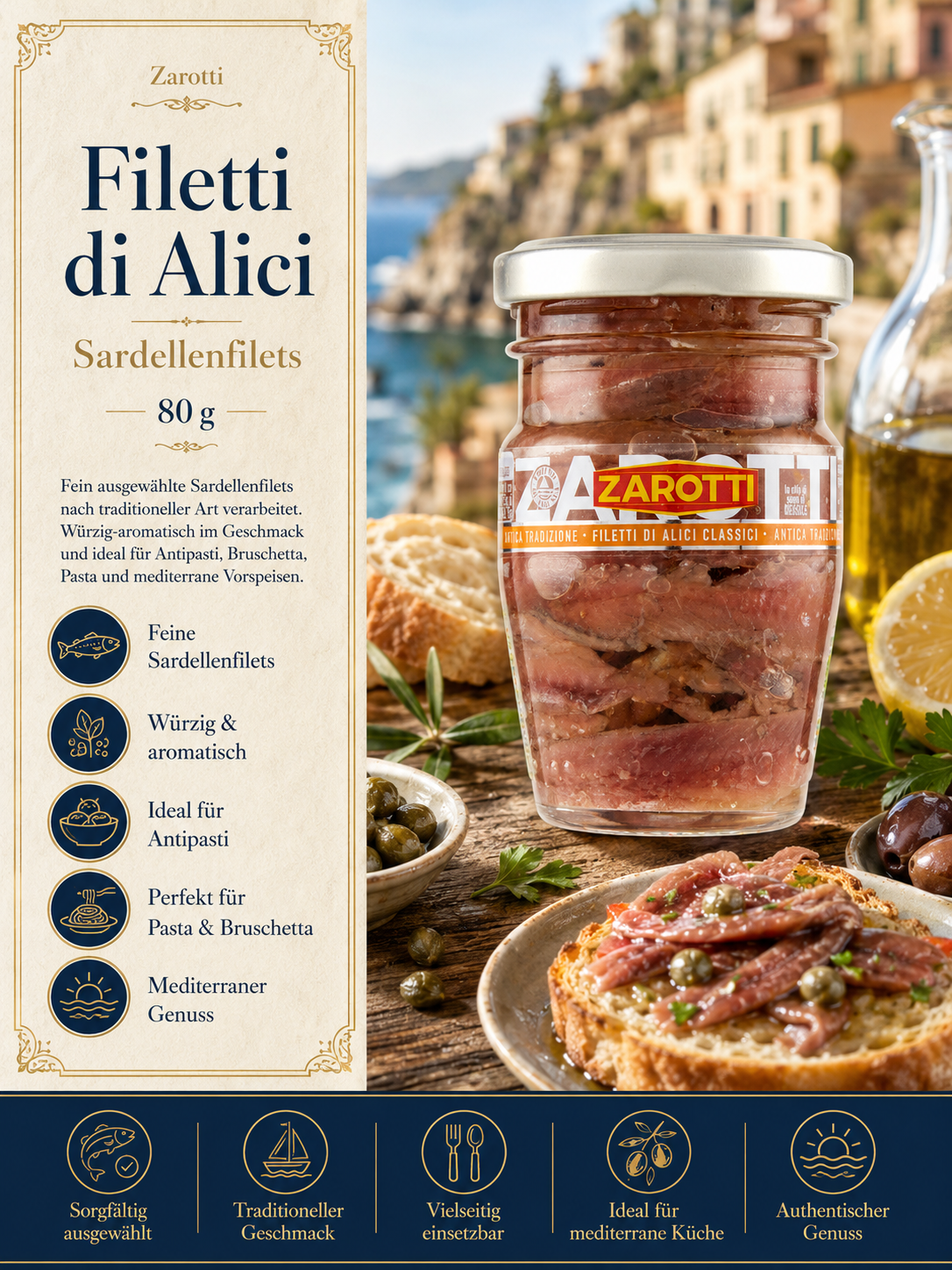 Sardellenfilets, Fileti di Alici, Glas jar, Olivenöl, Brotaufstrich
