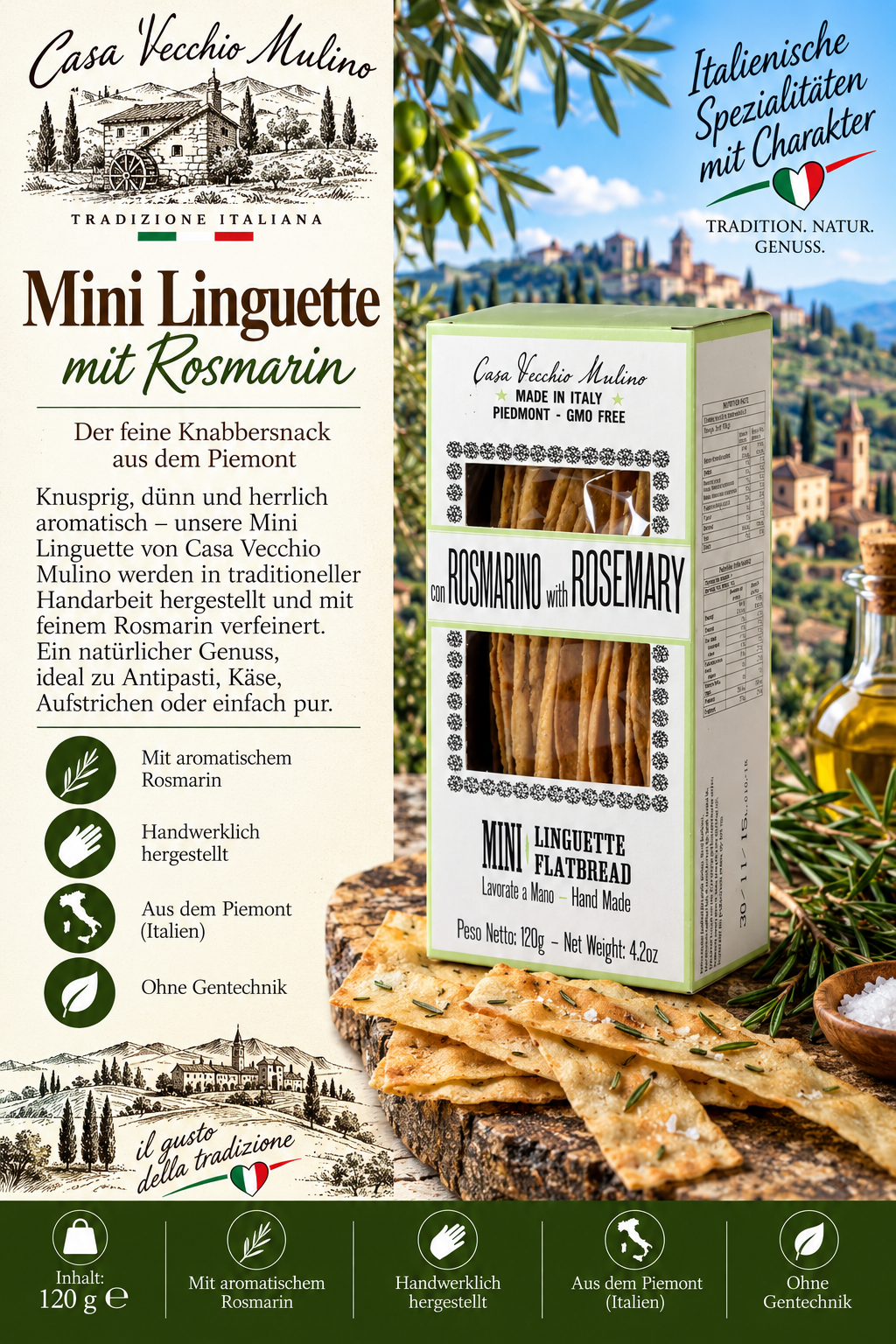 Mini Lingiette, Rosmarin, Piemont, Italienische Naturbelassen, Handgemacht