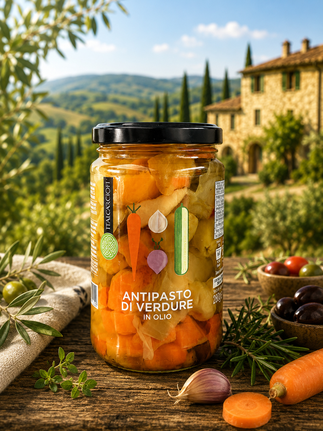 antipasto, vergnügen?, gemüse, gläser, olivenöl