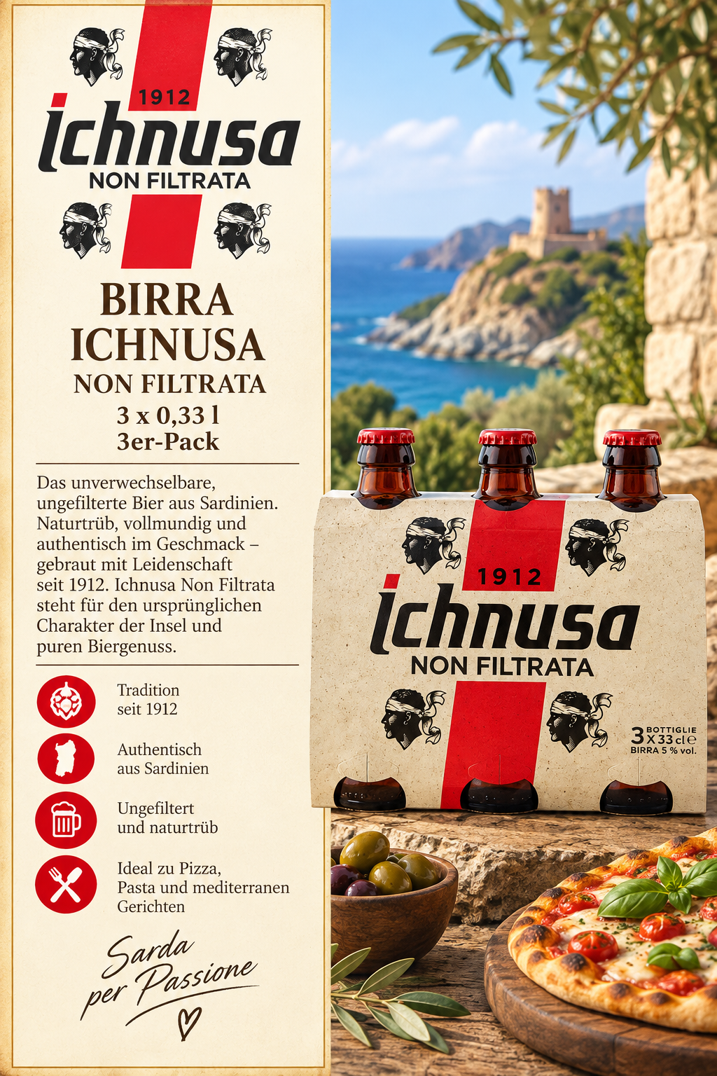 Birra, Ichnusa, Non Filtrata, Packung, Pizza Beilage
