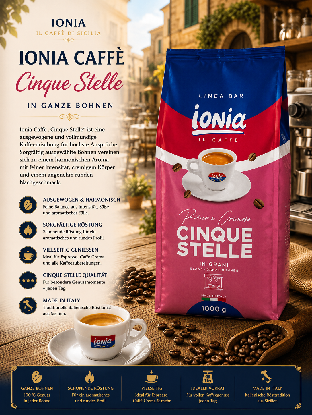 Kaffeebohnen, Cinqu Stelle, Italienische Röstung, Kaffee-Beutel, Lineae Bar