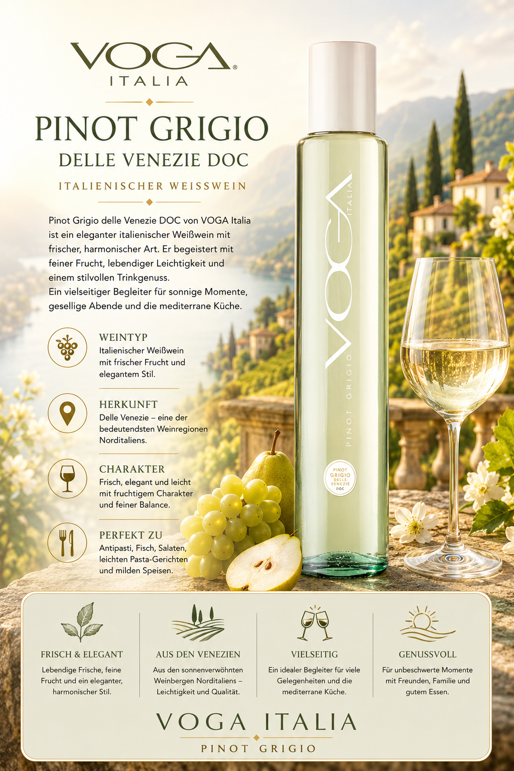 Weißwein, Pinot Grigio, Voga Italia, Flasche, Weinglas