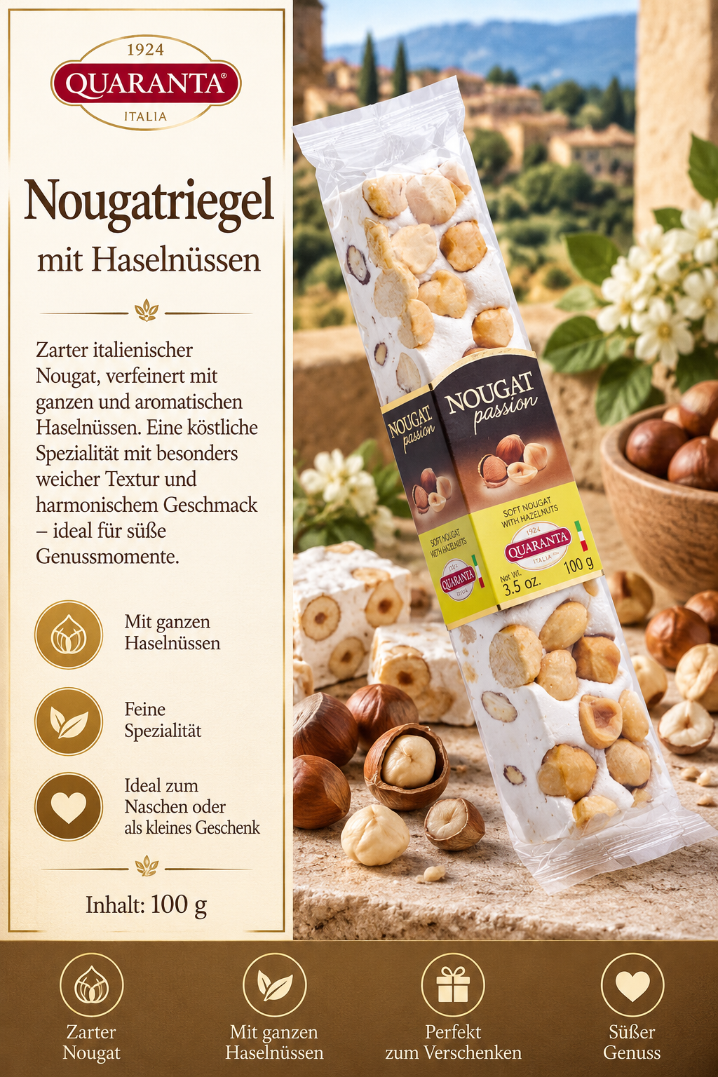 Nugatriegel, Nougat, Haselnüsse, Nussriegel, 100 g