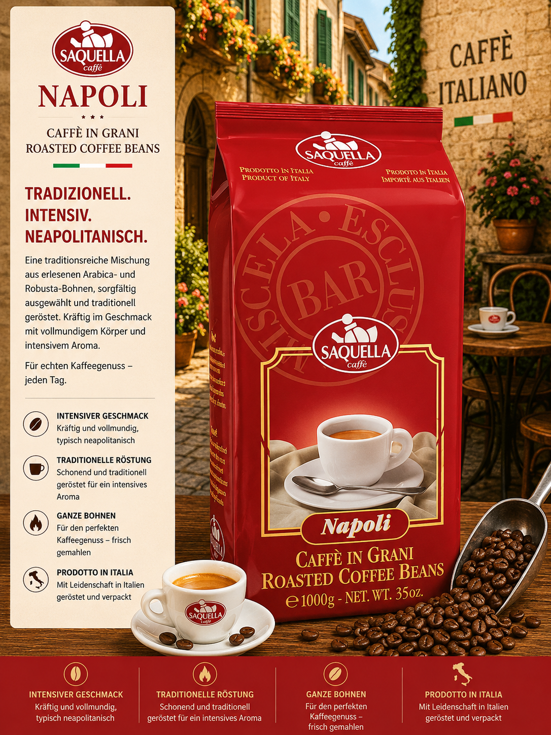 Kaffeebohnen, Roasted Coffee Beans, Napoli, Italienische Kaffeebohnen, Kaffeemarke Saquella