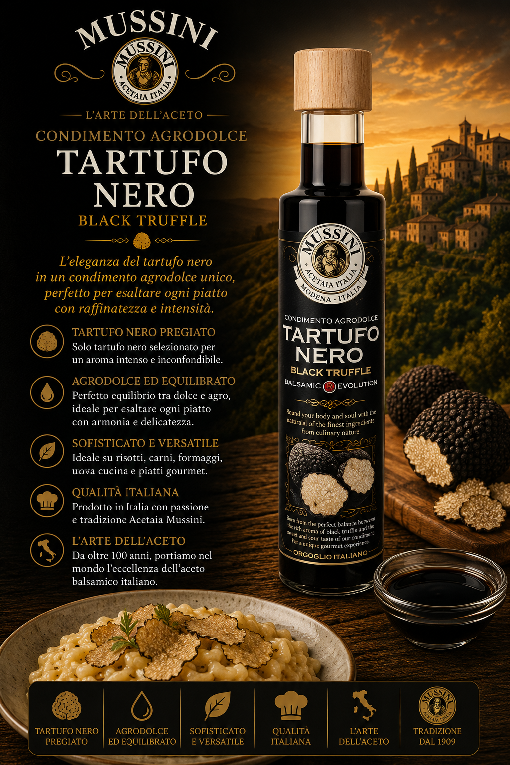 tartufi nero, olio balsamico, glass bottle, tartufo, condimento agrodolce
