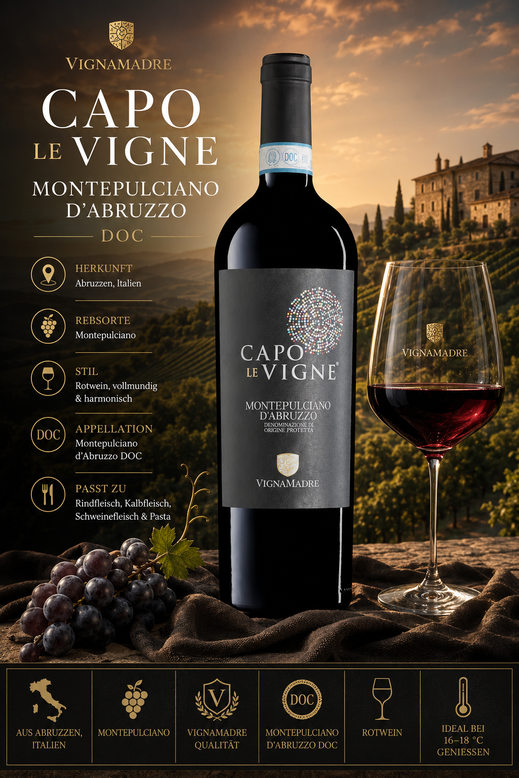 Wein, Rotwein, Montepulciano, Capo Le Vigne, Abbruzzo-DOC