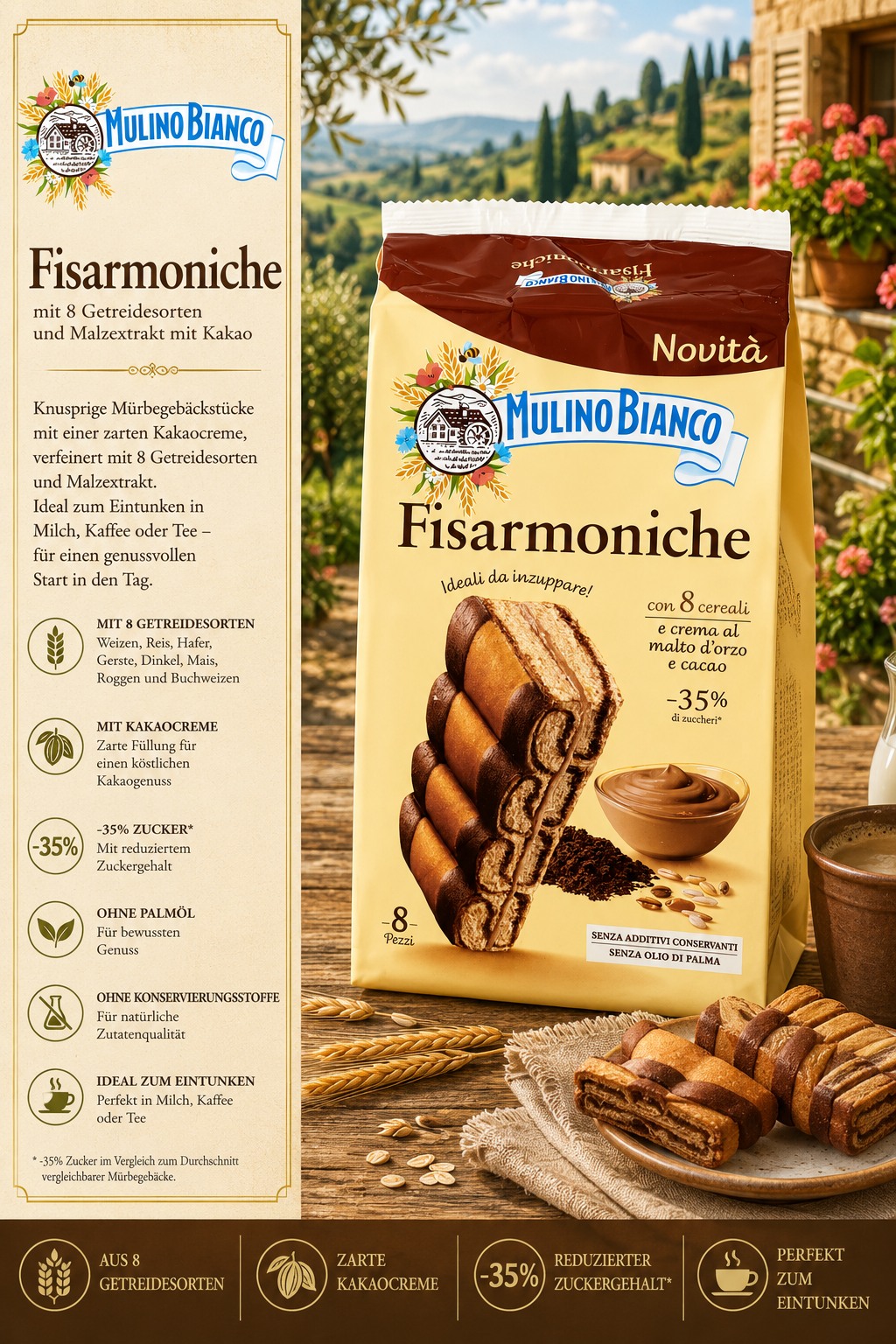 Fisarmoniche, Kakaocreme, 8 Stück, Mehlsorte, Millefiori-Illustration
