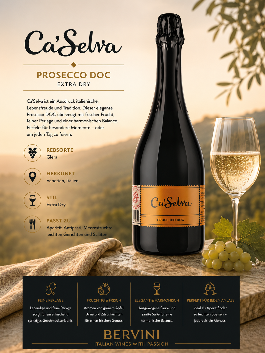 Prosecco, Weinflasche, Etikett orange, Schaumwein, Glaswein
