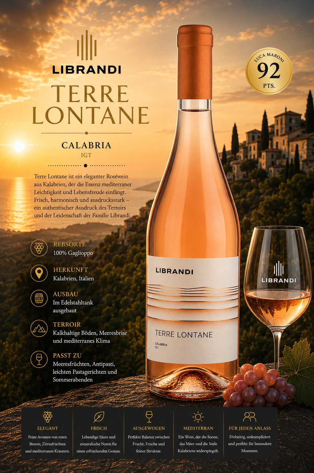Roséwein, Terre Lontane, Calabria, Edelstahlflasche, Glasset
