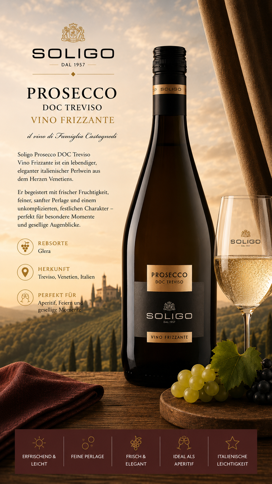 Prosecco, Vino Frizzante, Flasche, Glas, Weinbelag