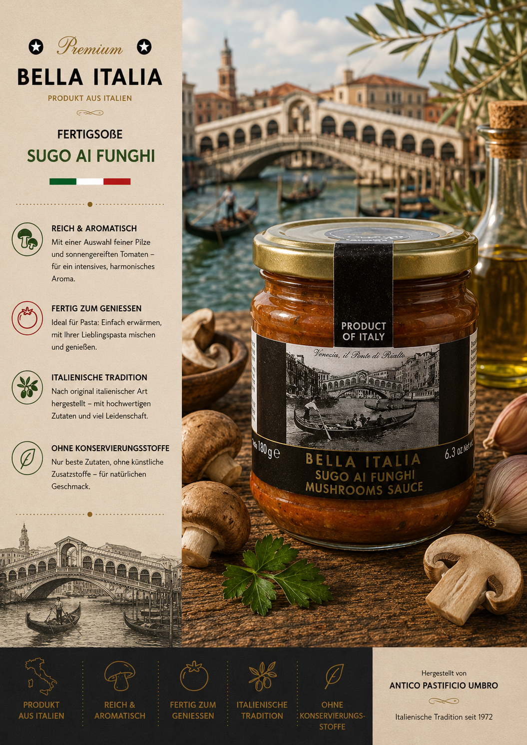 Glasflasche, Tomatensauce, Pilzsauce, ItalienischeTradition, Sugo ai Funghi