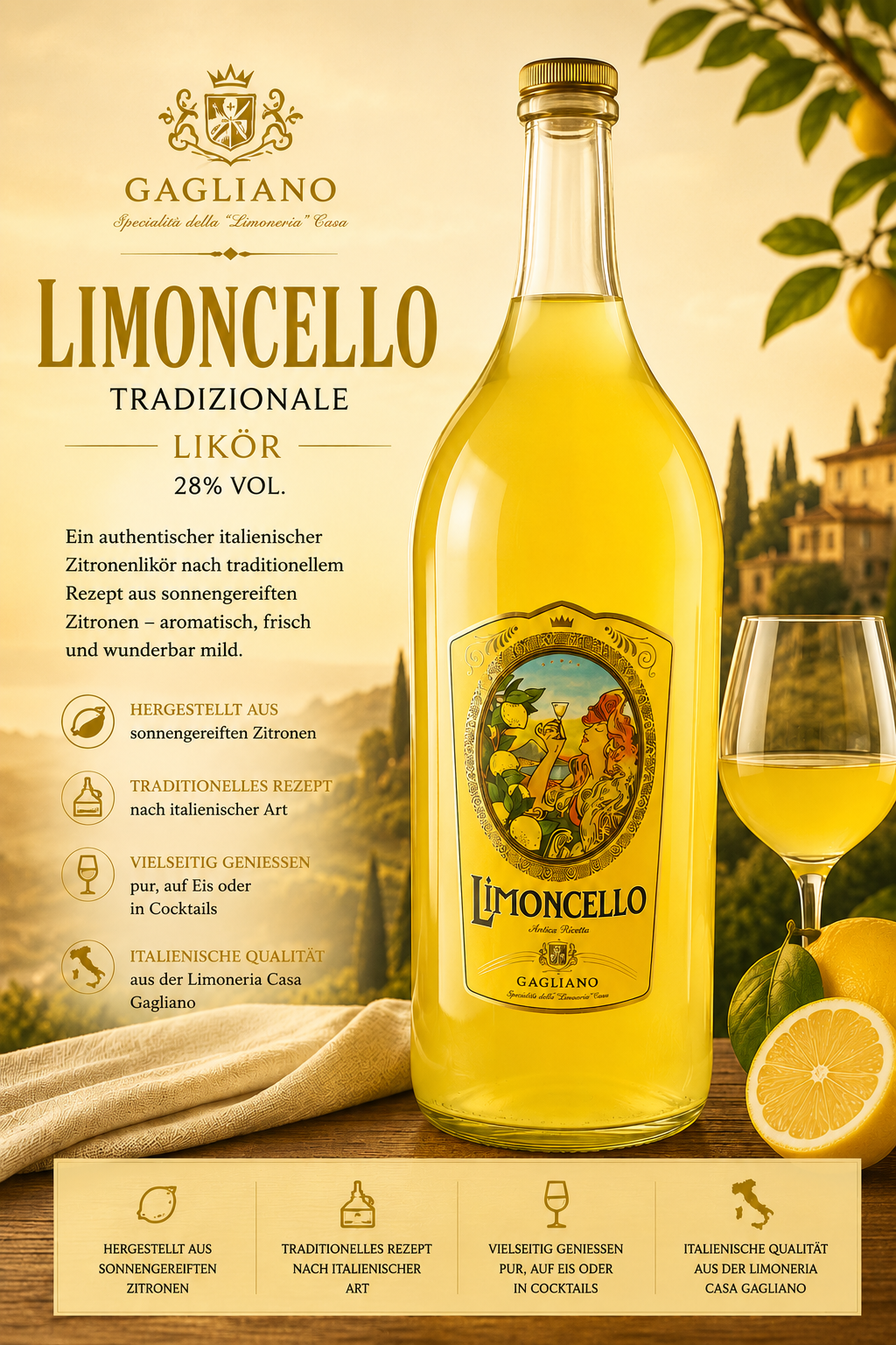 Limoncello, Likör, Flasche, Zitronen, Glas