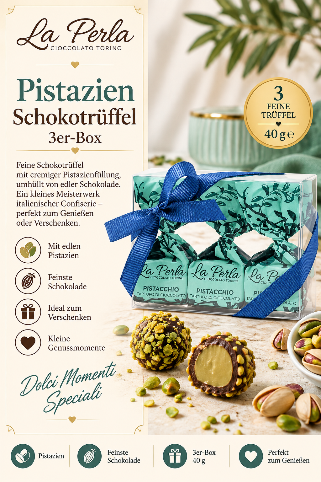 Pistazien, Schokotrüffel, 3er-Box, Feine Schokolade, Präsentbox