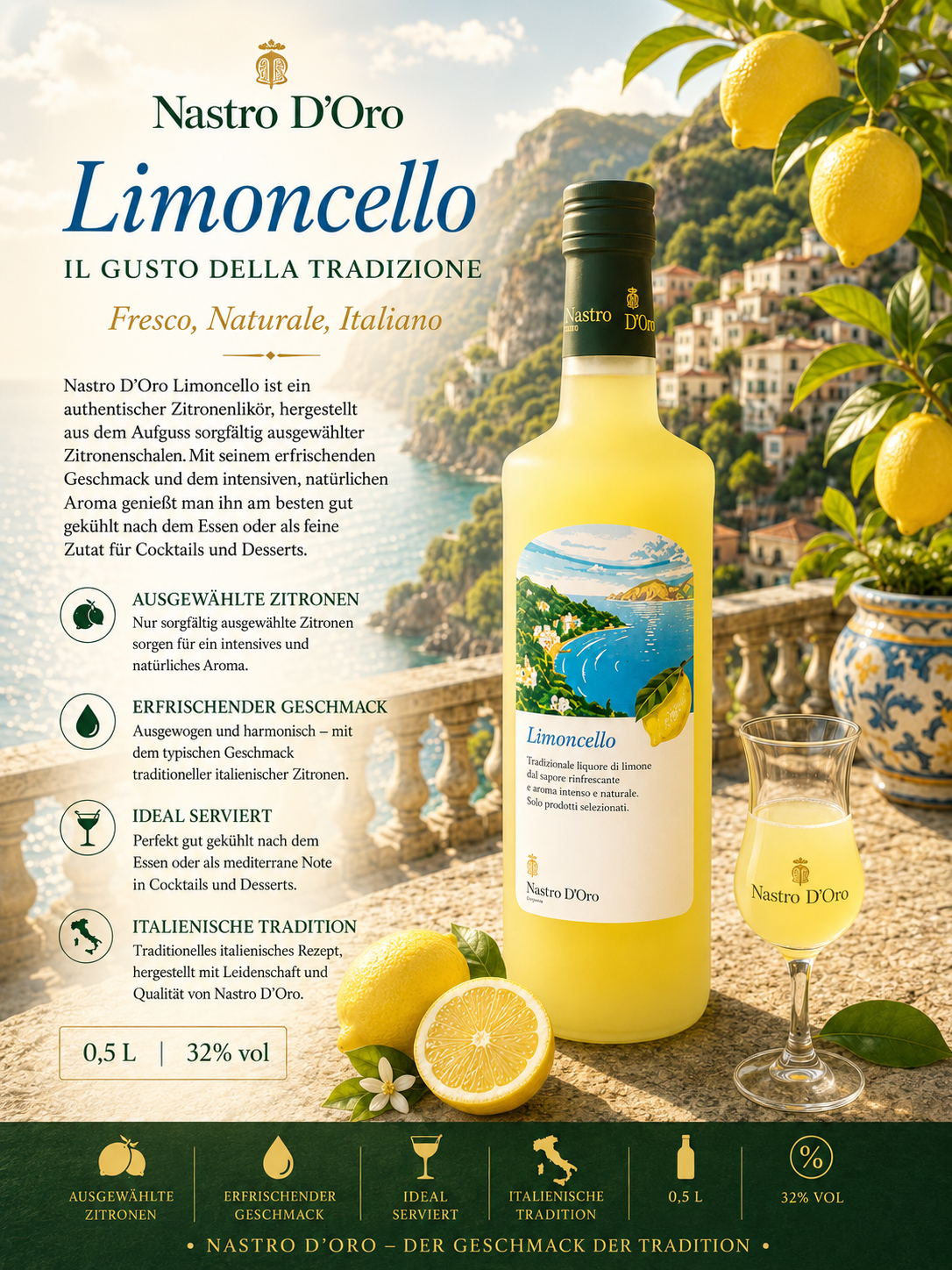 Limóncello, Zitronenlikör, ItalienischeTradition, 0,5L, 32%Vol