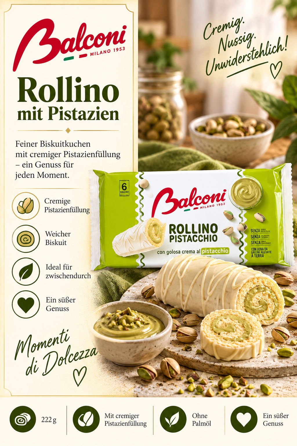 Rollino, Pistazien, Biskuit, Pistazienfüllung, Keksrolle