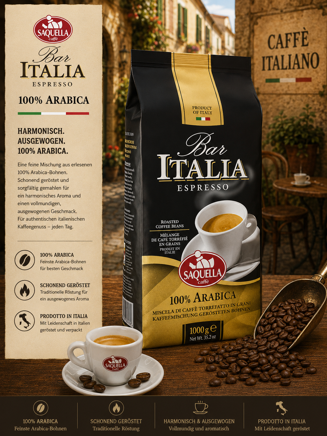 Kaffee, Espresso, Kaffeebohnen, Bar Italia, 100% Arabica