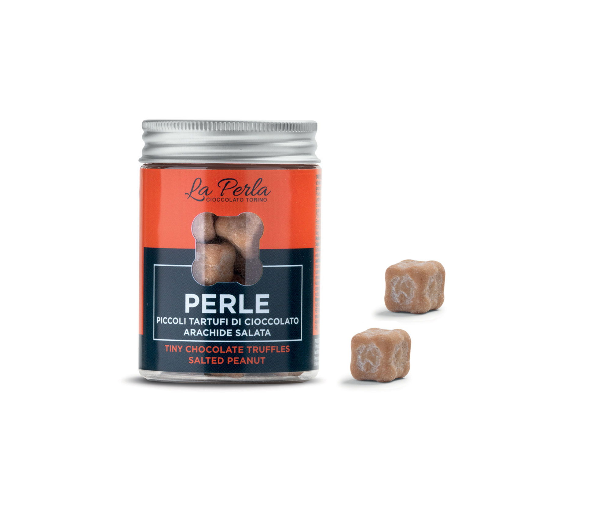 Schokolade-Perlen mit gesalzenen Erdnüssen in Metalldose 50g /La Perla